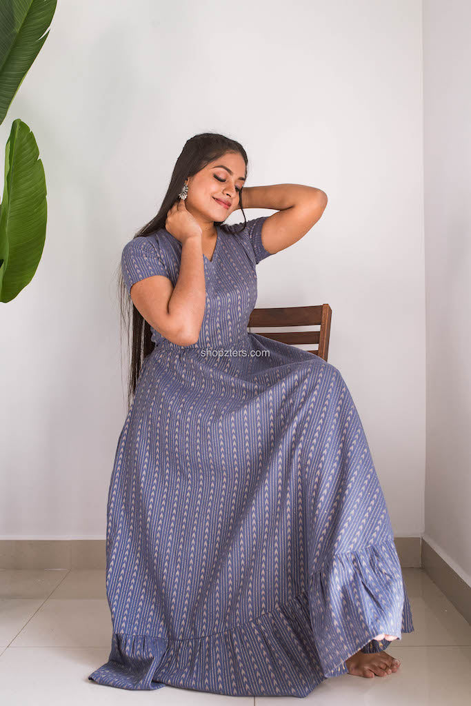 Grey Cotton Dress with Copper Zari