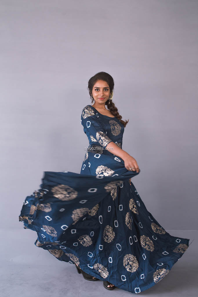 Blue Jacquard Silk Maxi Dress