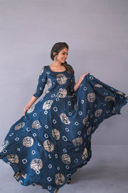 Blue Jacquard Silk Maxi Dress
