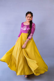 Yellow Dress With Pink Banarasi Border
