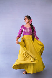 Yellow Dress With Pink Banarasi Border