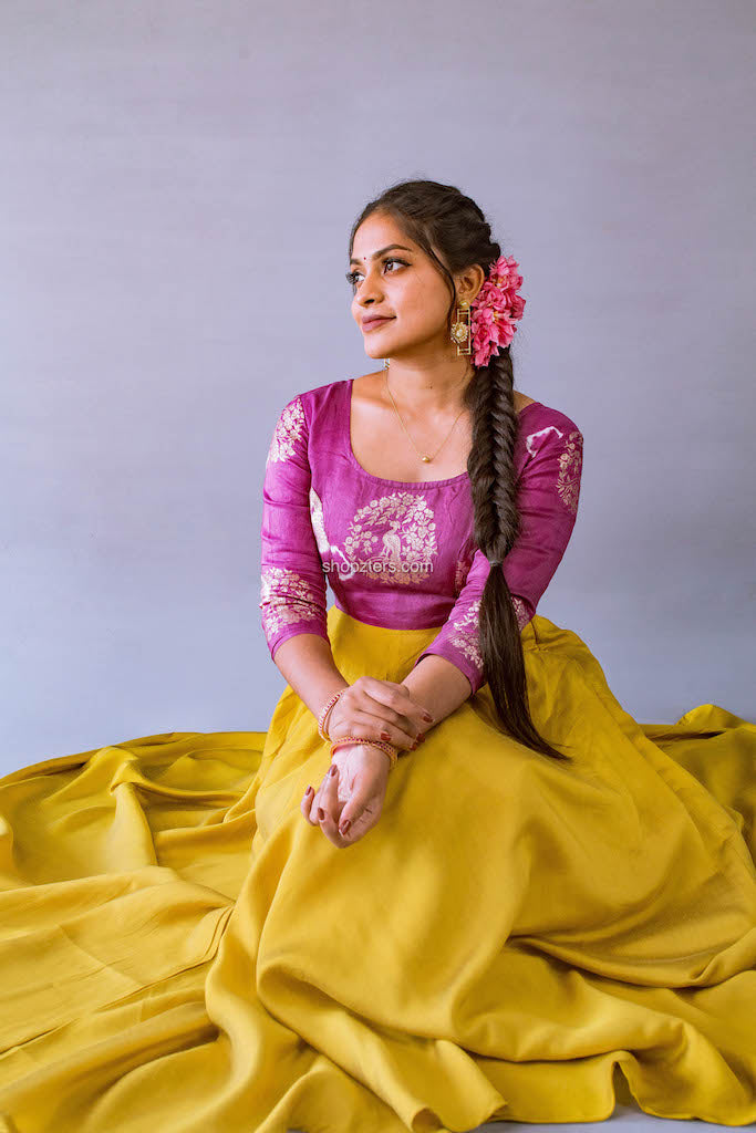 Yellow Dress With Pink Banarasi Border