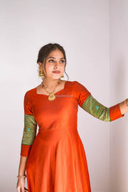 Brick Dress With Green Banarasi Border