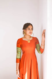 Brick Dress With Green Banarasi Border