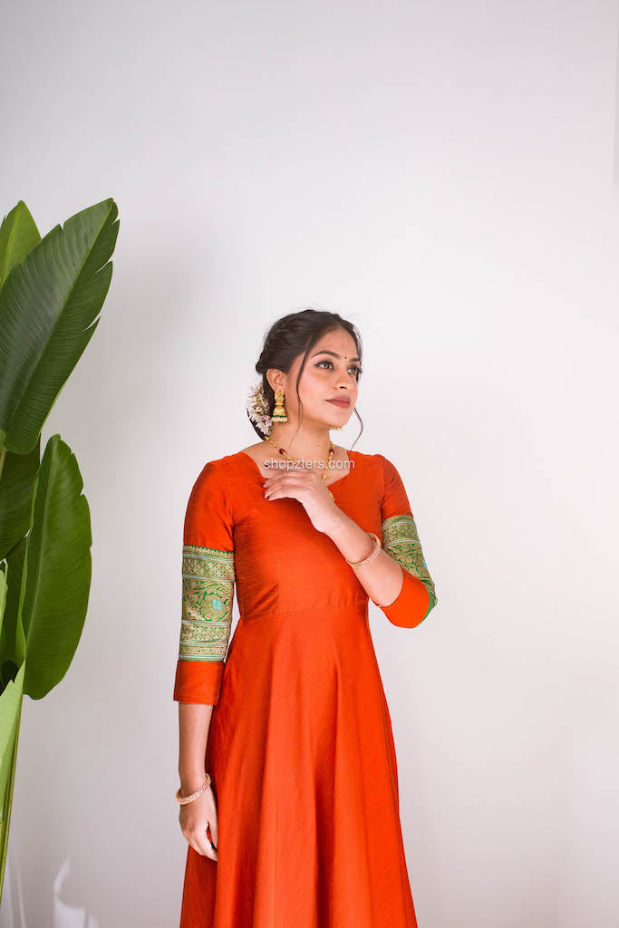 Brick Dress With Green Banarasi Border