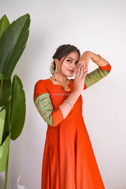 Brick Dress With Green Banarasi Border