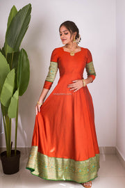 Brick Dress With Green Banarasi Border