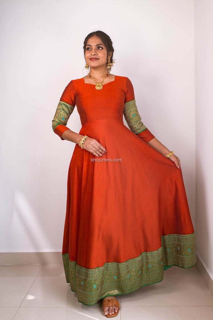 Brick Dress With Green Banarasi Border