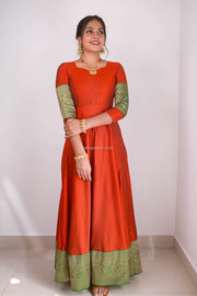 Brick Dress With Green Banarasi Border