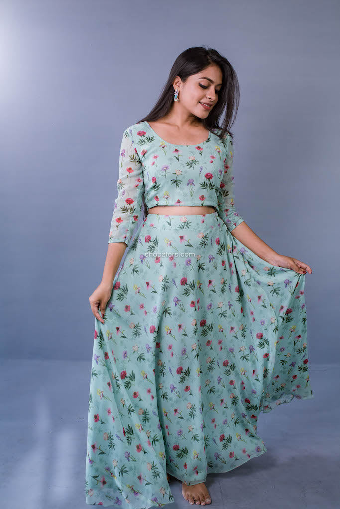 Green Printed Georgette Skirt with Dupatta