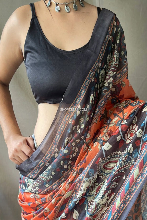 Kalamkari Printed Saree With Contrast Pallu