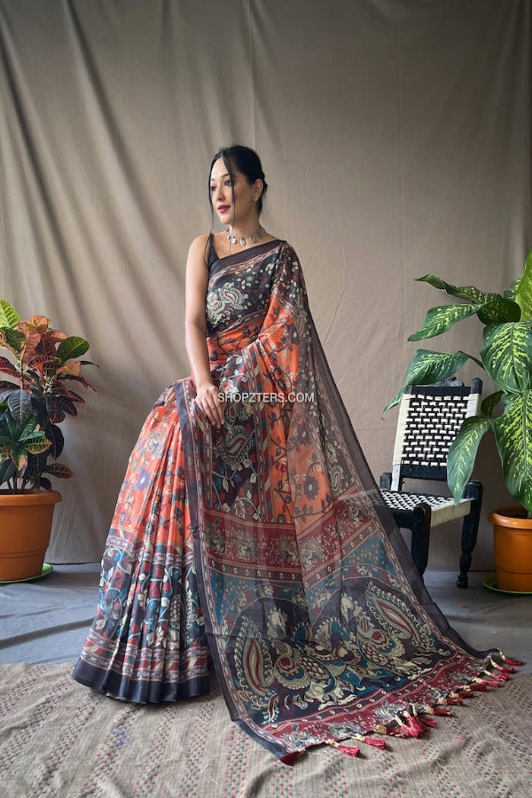 Kalamkari Printed Saree With Contrast Pallu