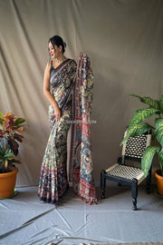 Kalamkari Printed Saree With Contrast Pallu