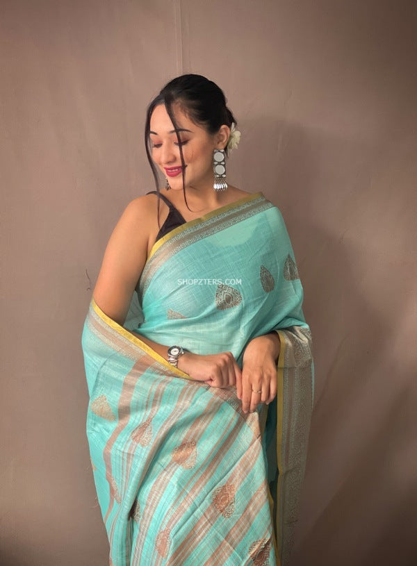 Pure Linen Tissue Saree With Zari Motifs