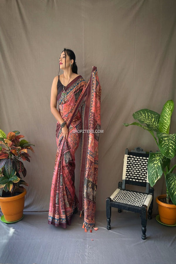 Kalamkari Printed Saree With Contrast Pallu
