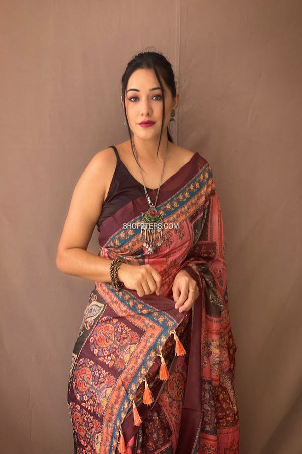 Kalamkari Printed Saree With Contrast Pallu