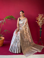 Soft Silk Floral Prints Saree With Woven Motifs