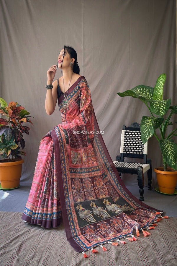 Kalamkari Printed Saree With Contrast Pallu