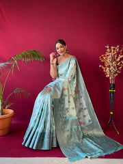 Soft Silk Floral Prints Saree With Woven Motifs