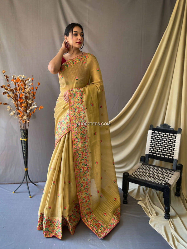 Gold Tissue Embroidered Saree