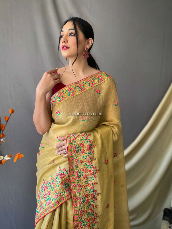 Gold Tissue Embroidered Saree