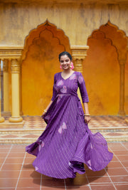Purple Handpainted Dress With Lavender Organza Dupatta