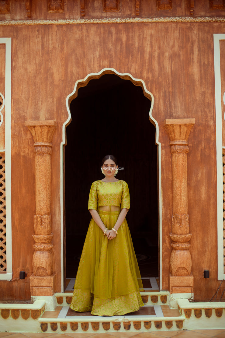 Lime Green Semi Banaras Crop Top & Skirt