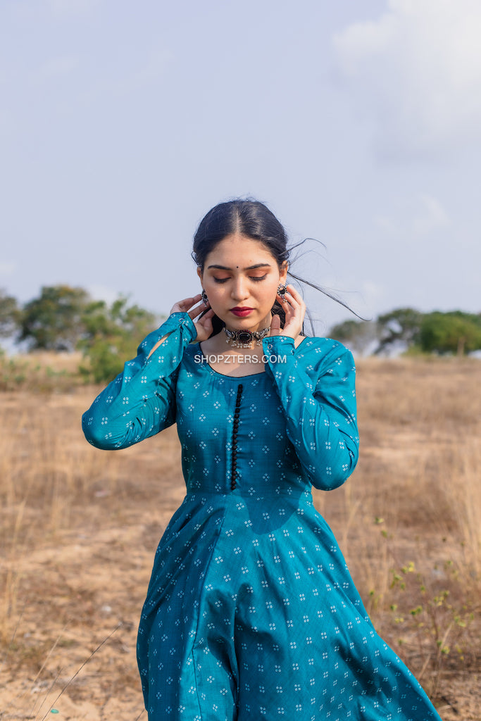 Blue Maxi Dress With Bandhani and Ajrakh prints