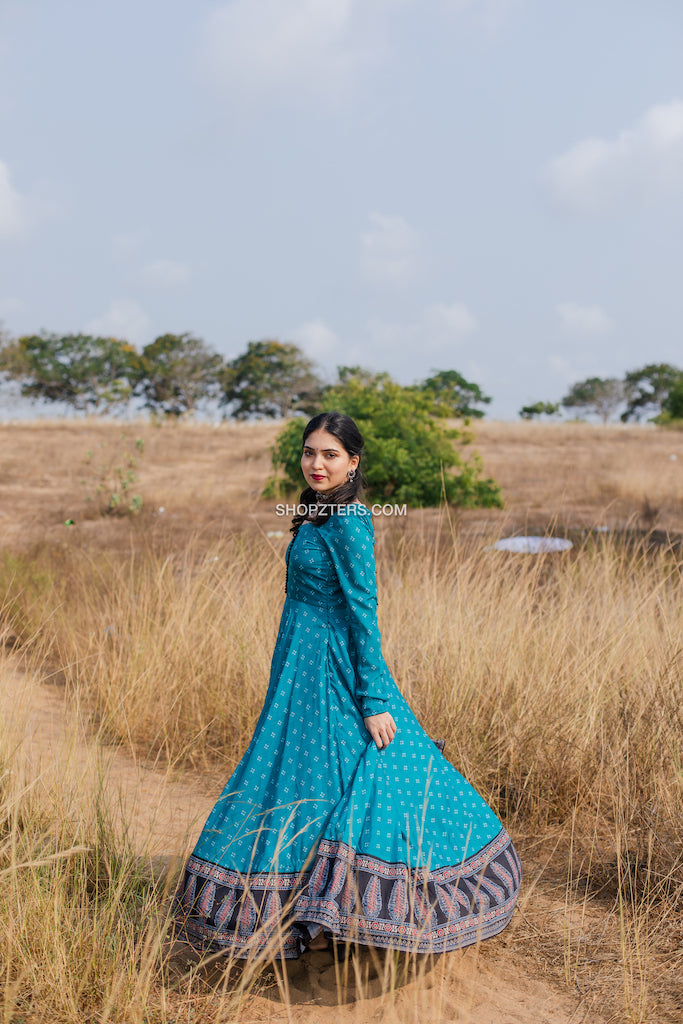 Blue Maxi Dress With Bandhani and Ajrakh prints