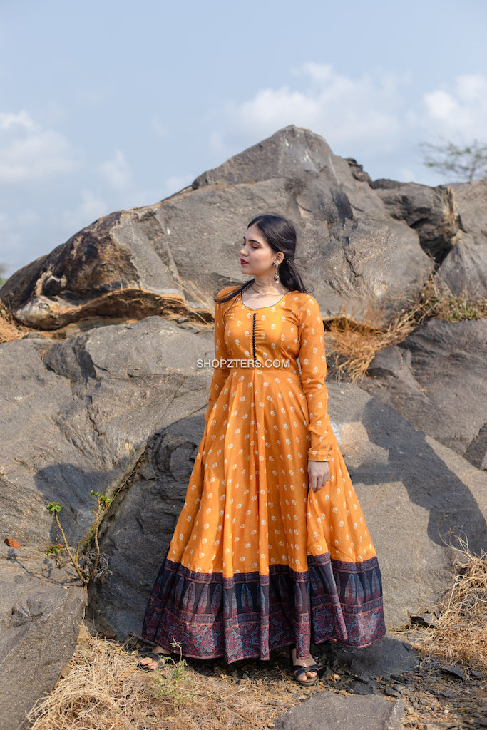 Marigold Fit and Flare dress With Hand block and Ajrakh prints
