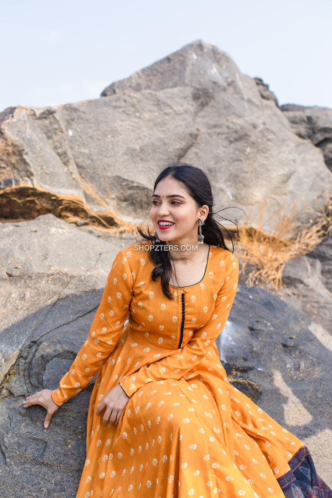 Marigold Fit and Flare dress With Hand block and Ajrakh prints
