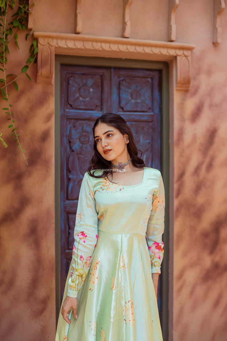 Pastel Green Silk Dress With Pichwai Motifs