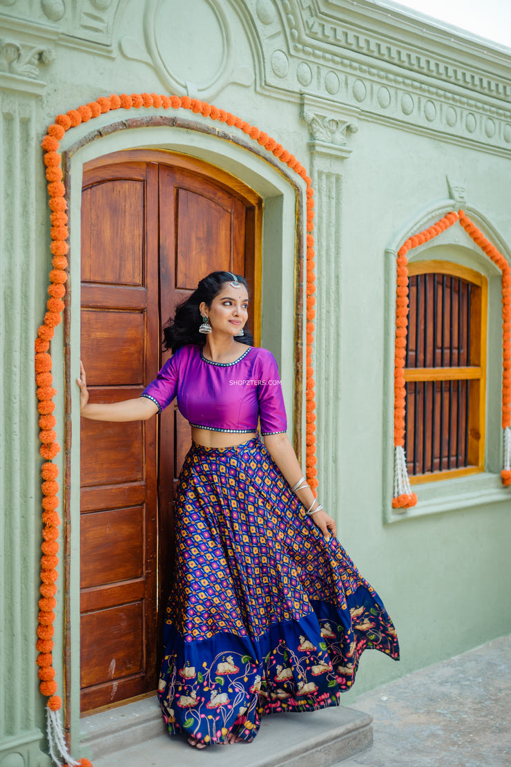 Two Tone Purple Silk Crop Top & Skirt With Pichwai Motifs