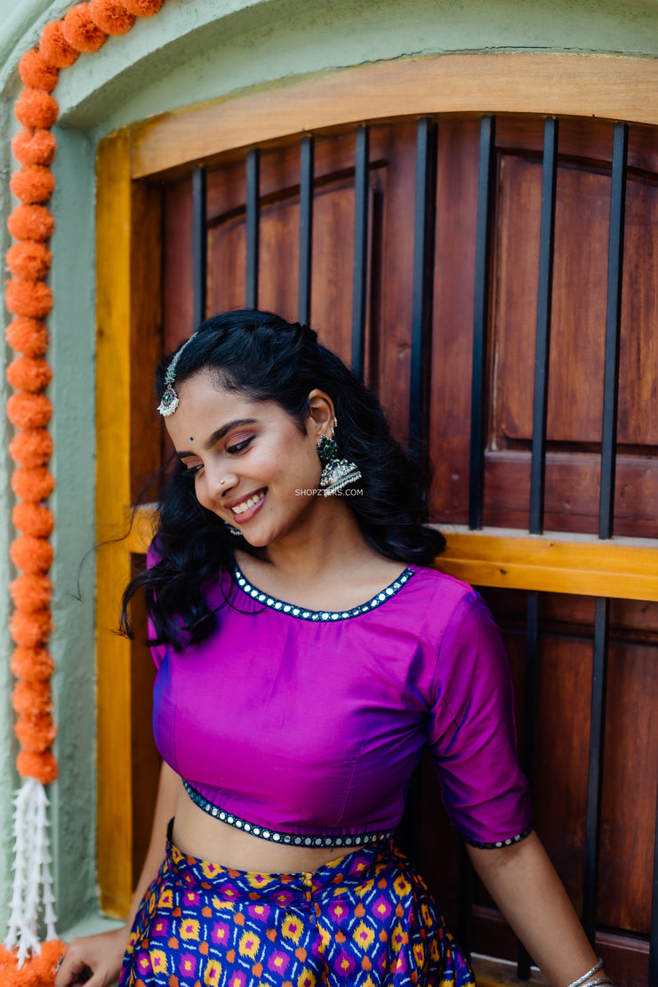 Two Tone Purple Silk Crop Top & Skirt With Pichwai Motifs