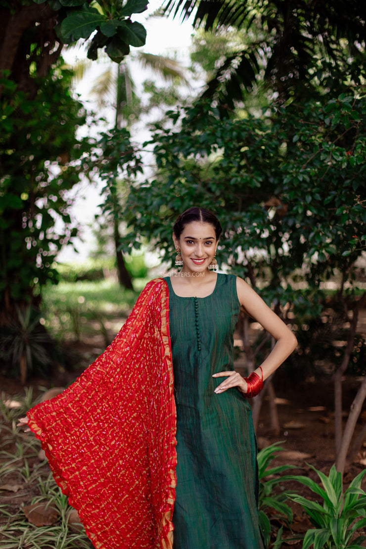 Bottle Green Kota Silk Suit Set With Bandhini Dupatta