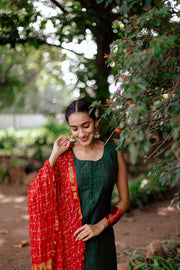Bottle Green Kota Silk Suit Set With Bandhini Dupatta