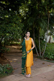 Yellow Kota Silk Suit Set With Bandhini Dupatta