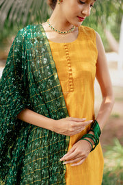 Yellow Kota Silk Suit Set With Bandhini Dupatta