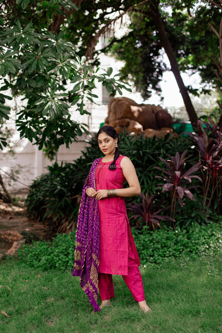 Pink Kota Silk Suit Set With Bandhini Dupatta