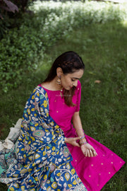 Magenta Dupion Kurti with Silk Kalamkari Dupatta