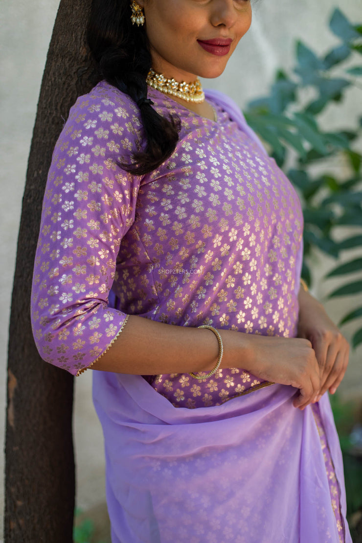 Lilac Silk Brocade Top With Chiffon Dupatta