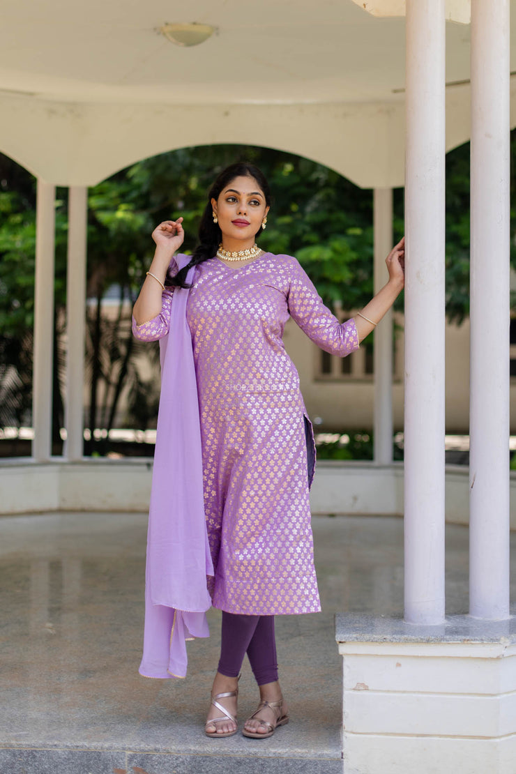 Lilac Silk Brocade Top With Chiffon Dupatta