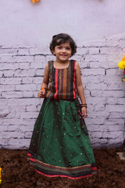 Green Chanderi Skirt With Multicolour Georgette Top
