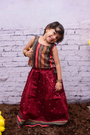 Red Chanderi Skirt With Multicolour Georgette Top