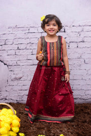 Red Chanderi Skirt With Multicolour Georgette Top