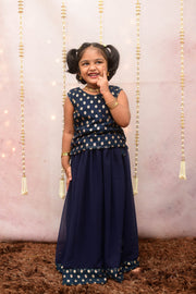 Navy Blue Georgette Skirt With Brocade Top