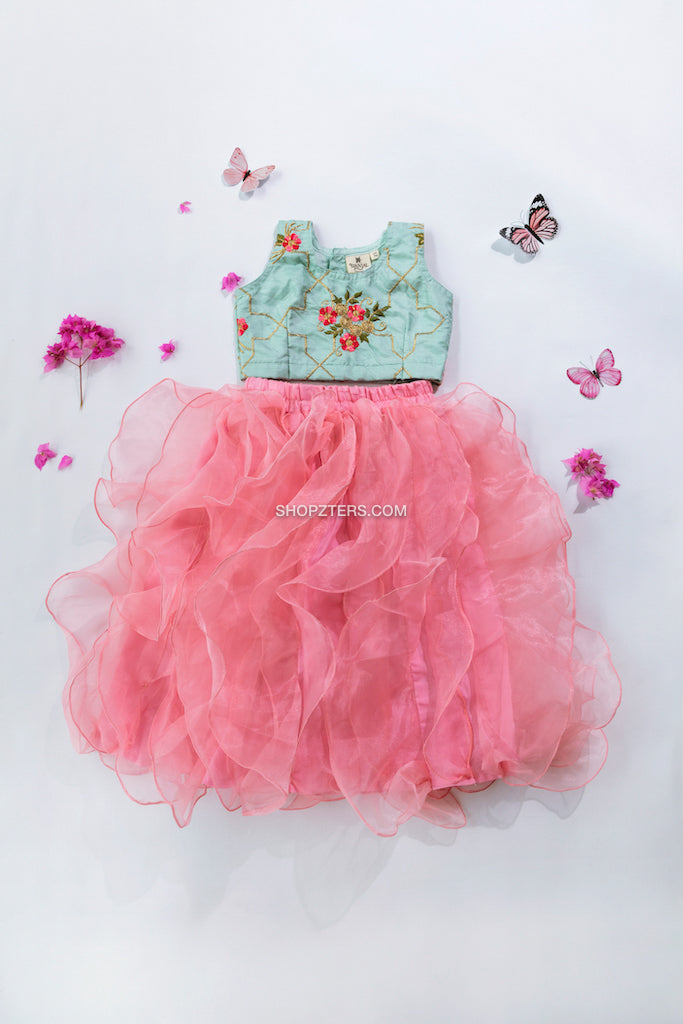 Light Blue Embroidered Top With Pink Organza Skirt