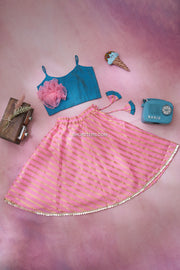 Blue Silk Slub Top With Pink Zari Cotton Skirt