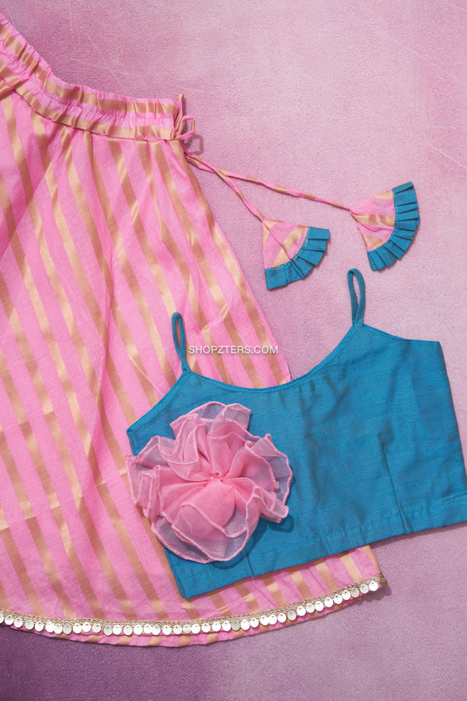 Blue Silk Slub Top With Pink Zari Cotton Skirt
