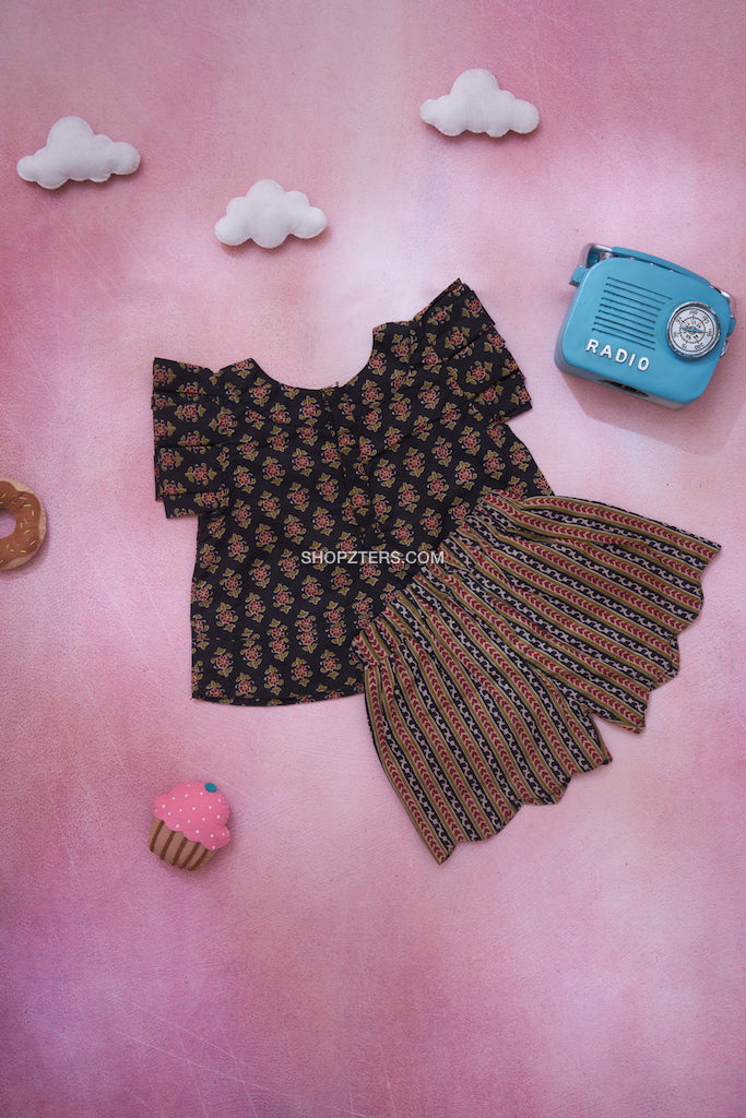 Brown and Black Cotton Top and Shorts